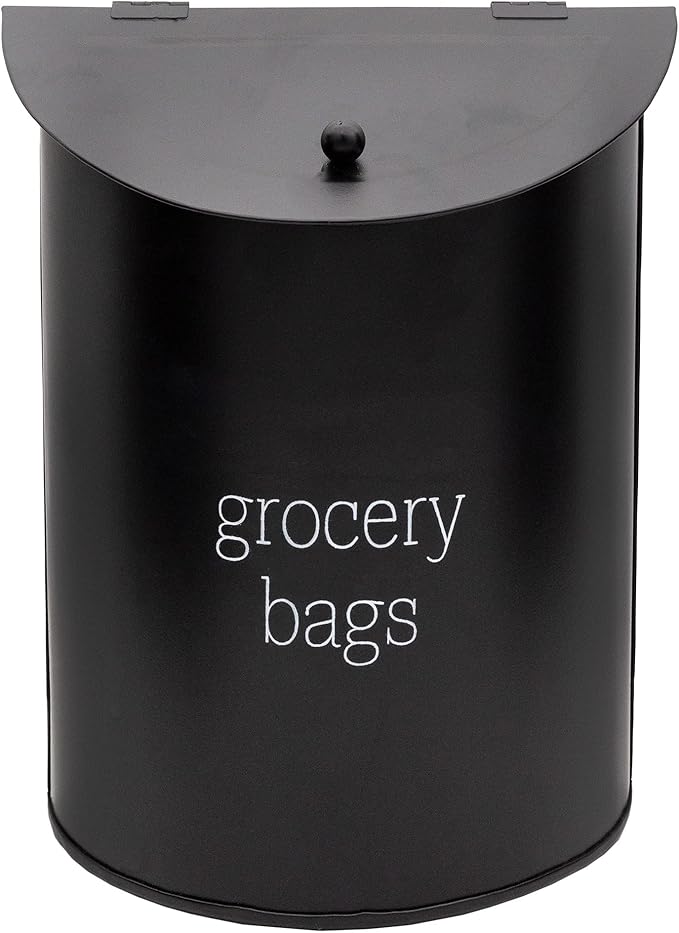 AuldHome Design Enamelware Grocery Bag Holder (Black); Wall-Mounted Modern Farmhouse Style Plastic Bag Dispenser for Kitchen or Laundry Room