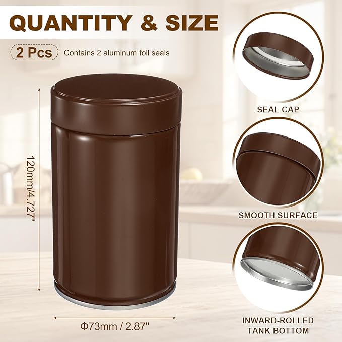 uxcell 2Pcs Round Tea Canisters, 5" x 3" Airtight Metal Tea Containers for Loose Tea, Coffee Beans, Spices - Durable, Compact, and Stylish Storage Tea Tin (Brown)