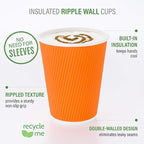 Restaurantware 8 Ounce Double Wall Disposable Coffee Cups, 25 Insulated Orange Paper Tumblers with Ripple Wall Design, Lids Sold Separately for Hot Drinks like Tea, Hot Chocolate, and More