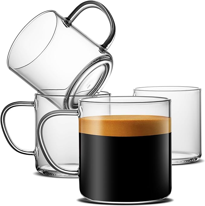 LUXU Glass Coffee Mugs Set of 4,14 oz Clear Coffee Cups,Hand Blown&Seamless Design,Heat Resistant and Explosion-Proof,Lightweight Tea Mugs with Anti Scald Handle Ideal for Home,Cafe