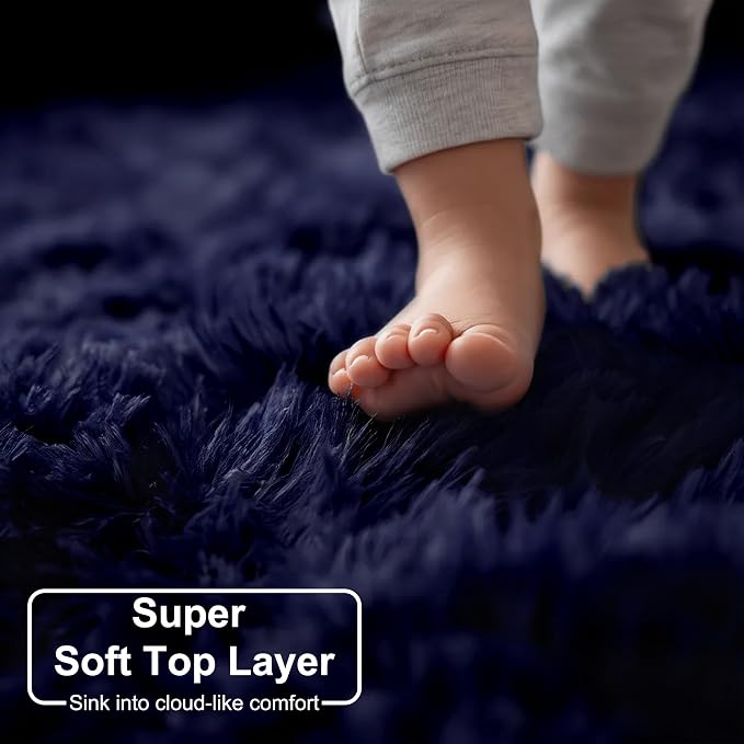 Amdrebio Dark Navy Blue Round Fluffy Area Rug 5Ft - Image 2