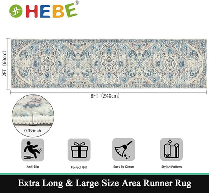HEBE Hallway Runner Rug 2'x8', Washable Non Slip Kitchen Rug Runner | Soft Boho - Image 2
