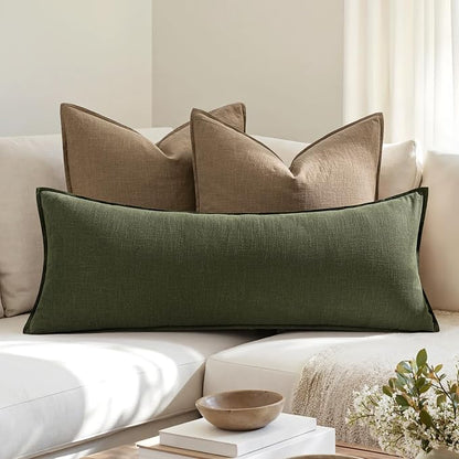 MIULEE Decorative Linen Lumbar Pillow Cover 14x36 Inch Dark Olive Green | Boho - Image 3