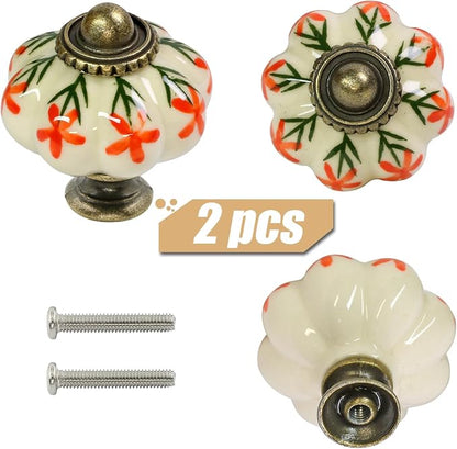 Ivory & Orange Pumpkin Knobs 2 Pack Ceramic Cabinet Knobs Vintage Drawer Pulls - Image 3