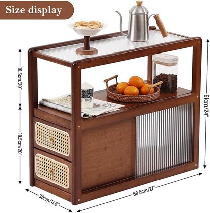 Tiita Rattan Nightstand Side Table, Bamboo Accent Bedside Tables, Glass Coffee - Image 2
