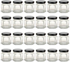 1.5 oz Hexagon Mini Glass Jars with BLACK Lids and Labels (Pack of 24)