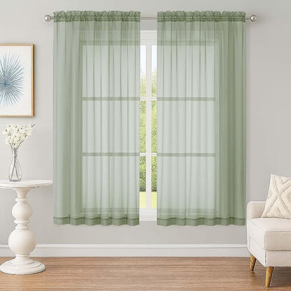Sheer Sage Green Curtains, Sheer Curtains 63 inch Length 2 Panels Set, Rod by OWENIE