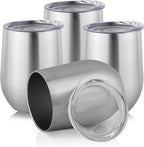 DOMICARE Stainless Steel Wine Tumbler Bulk with Lid, Personalized Insulated Tumblers Set, 12oz Travel Coffee Cups Pack of 4, Stainless steel