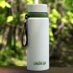 London Sip 25 oz Multi-Purpose Tea Infuser Mug – Fruit Infuser Water Bottle for Hot and Cold – Double Wall Stainless Steel Insulated, Safari Beige