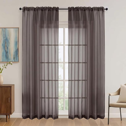 Chocolate Sheer Curtains 84 Inches Long 2 Panels Set, Light Filtering Sheer by OVZME