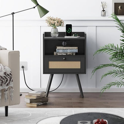 SUPERJARE Nightstand with Charging Station & Rattan-Like Decor Drawer, Rattan - Image 2