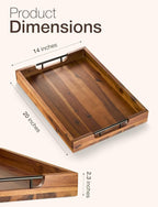 20 Inch Acacia Wood Ottoman Tray with Metal Handle - Wooden Square Serving Tray - Extra Large Food Trays for Decorative, Coffee Table, Breakfast in Bed - Charcuterie Trays Use for Kitchen