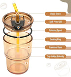 13 oz Glass Tumbler with Glass Straw and Lid, Leak-Proof Reusable Travel Cup for Iced Coffee, Tea, Matcha, Fruit Juice – Thick Wall Clear Water Bottle (Amber, 4 Pack)