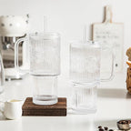 INSETLAN 26oz Ribbed & Floral Glass Tumblers with Handle and Lid, Set of 2 –Reusable Iced Coffee Cups with Straw, Glass Mugs for Water, Smoothies, Tea, and Juice – Ideal for Travel & Daily Use