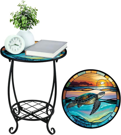 Cinnvoice Outdoor Side Table Round Small Mosaic Patio Accent Indoor End Plant - Image 6