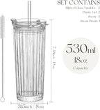KEMORELA Ribbed Glass Tumbler with Straw and Lid – 18oz Durable Leak-Proof Drinking Cup for Hot and Cold Beverages – Stylish Design, Ideal for Iced Coffee, Smoothies, and More (2PCS-A)