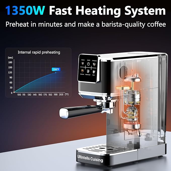 Espresso Machine 20 Bar,Touch Screen Espresso Maker with Steam Milk Frother,Stainless Steel Coffee Machine for Cappuccino Latte Americano Cold Brew,1350W Fast Heat Up System,Black