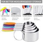 TILUCK measuring cups and magnetic measuring spoons set, stainless steel measuring cups, 6 double-sided stainless steel measuring spoons & 1 leveler (5+7)