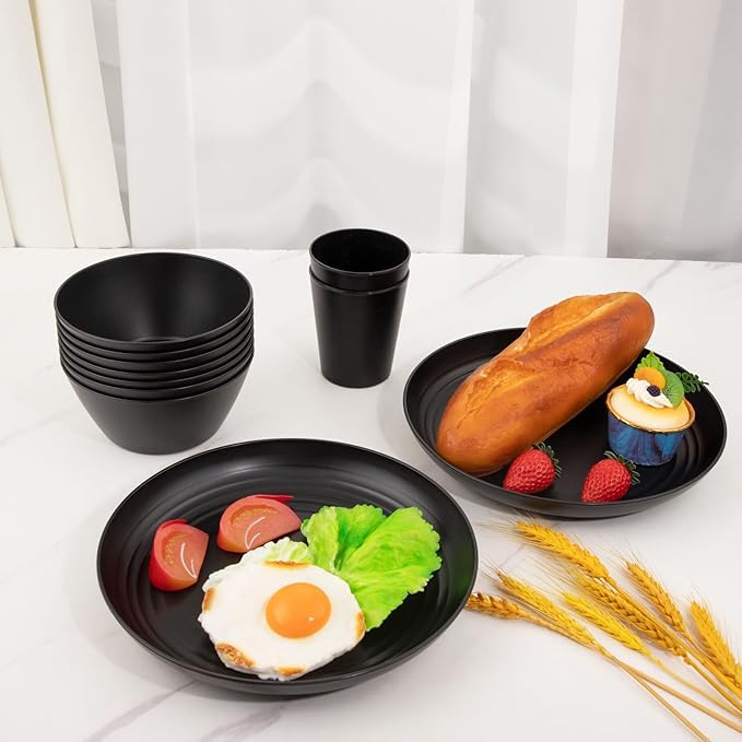 LIYH 48 Pcs Black Wheat Straw Plates and Bowls Dinnerware Set Camping Dish Set for 12, Plastic Plates and Bowls, Dishwasher Safe Dinnerware Sets, Unbreakable Plastic Camper Dishes Sets