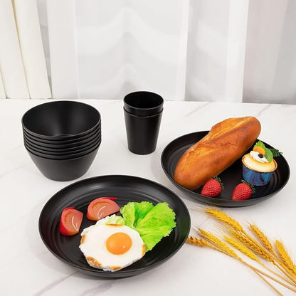 LIYH 48 Pcs Black Wheat Straw Plates and Bowls Dinnerware Set Camping Dish Set for 12, Plastic Plates and Bowls, Dishwasher Safe Dinnerware Sets, Unbreakable Plastic Camper Dishes Sets