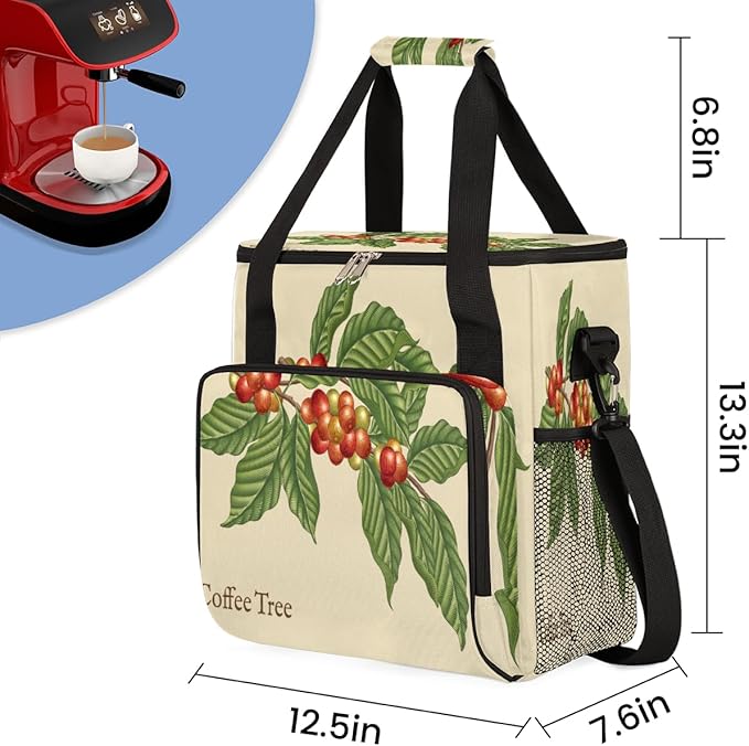 Coffee Tree Coffee Maker Carring Bag Coffee Leaf Bean Travel Carrying Storage Tote Bag Compatible with Keurig K-Mini or K-Mini Plus Portable Single Serve Coffee Brewer Case with Pockets for K-cup Pods