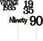 Gyufise 24Pcs Vintage 1935 Cupcake Toppers Glitter Cheers to 90 Fabulous Ninety Cupcake Picks 90th Birthday Wedding Anniversary Party Cake Decorations Supplies Black