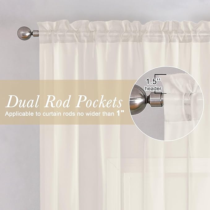 Ivory Sheer Curtains 48 Inch Length 2 Pcs, Rustic Farmhouse Curtains - Image 3
