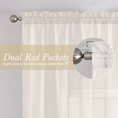 Ivory Sheer Curtains 50 Inch Length 2 Pcs, Rustic Farmhouse Curtains - Image 3