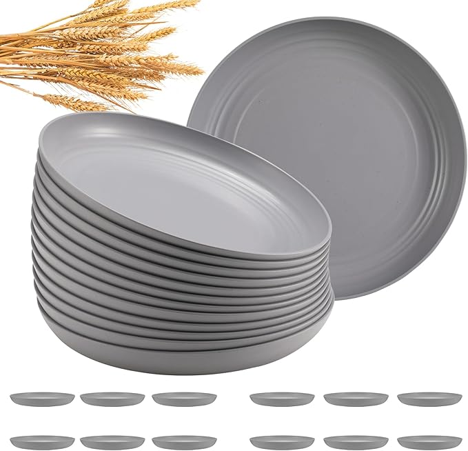 12 Pcs Unbreakable Deep Dinner Plates Set, 9 inch Reusable Plastic Wheat Straw Plates, Microwave and Dishwasher Safe Plate for Kitchen, Lightweight Plate for Dessert, BPA Free, Light Gray