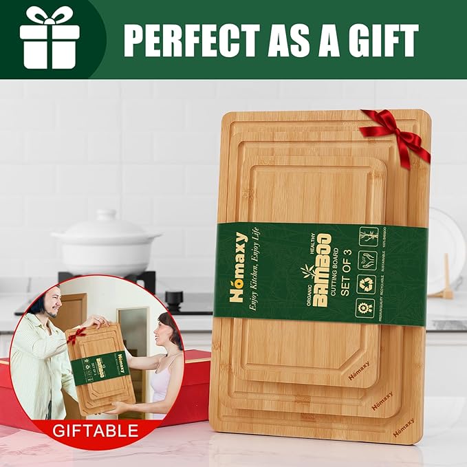 Homaxy Organic Bamboo Cutting Boards Set for Kitchen Set of 3, Wooden Cutting Board Set with Juice Groove and Handles, Charcuterie Serving Tray Wood Chopping Board Set for Meat Fruits & Vegetables
