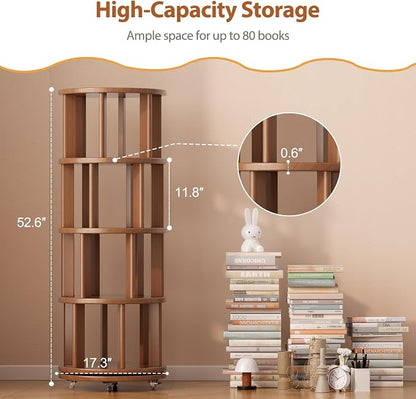 Muwuele Solid Wood Rotating Bookshelf on Wheels, 4 Tier, Round Revolving - Image 2