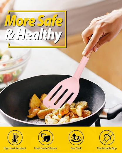 Pack of 2 Silicone Cooking Spatula, Heat Resistant Solid Turner, Non Stick Slotted Spatulas with Wooden Short Handle,Ideal Wood Kitchen Utensils Set for Frying, Baking, Flipping, Turning