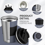Volhoply 13 oz Stainless Steel Insulated Travel Coffee Mug with Fip Lid Bulk 2 Pack,Reusable Double Wall Vacuum Metal Coffee Cup,Portable Leak Proof Thermal Tumbler for Hot & Cold Drinks(Gray,2)