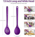 600ºF Heat Resistant Silicone Spoons: U-Taste 13.3in Solid & Slotted Kitchen Cooking Spoon, Nonstick Food Grade Long Rubber Utensil, Sturdy for Mixing, Serving, Frying, Draining (Purple, 2PCS)