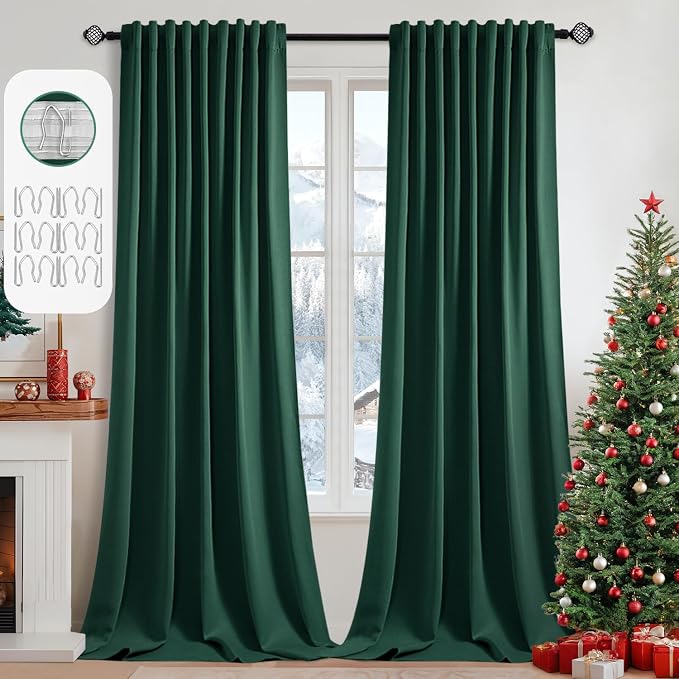 MIULEE Christmas Hunter Green Back Tab Blackout Curtains 52"x102" 2 Panels | by MIULEE