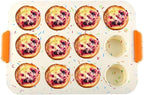 Silicone Muffin Pan,12 Cups Muffin Baking Pan with Handle Reusable Cupcake Baking Pan for Roasting Homemade Muffins, Cupcakes and Egg Bites(COLOR:Beige)