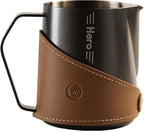 Milk Frothing Pitcher 450ml/16oz 304 Stainless Steel Espresso Steaming Pitcher with PU Leather, Milk Frothing Jug,milk frother cup,Milk Jug Cup,Premium Barista Tools,Latte Art (Black,20oz)