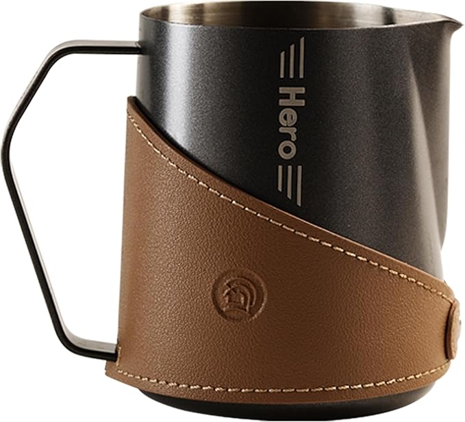 Milk Frothing Pitcher 450ml/16oz 304 Stainless Steel Espresso Steaming Pitcher with PU Leather, Milk Frothing Jug,milk frother cup,Milk Jug Cup,Premium Barista Tools,Latte Art (Black,20oz)