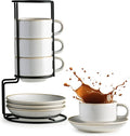 Gomakren 6 Ounce Cappuccino Cups with Saucers and Metal Stand, Stackable Coffee Cup Set of 4, Porcelain Espresso Cups for Coffee Drinks, Cappuccino, Latte, Americano, Tea, White