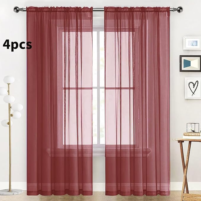 SpaceDresser Burgundy Sheer Curtains 4 Panels Rod Pocket Semi-Sheer Curtain 84 - Image 2