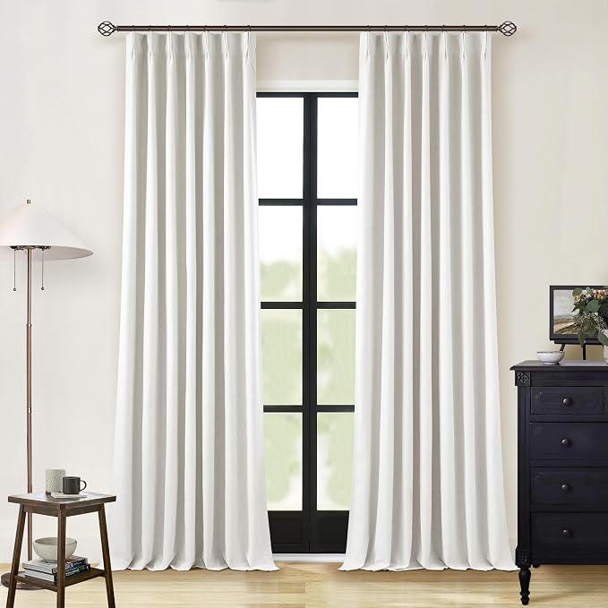 Linen Blackout Curtains 108 Inch Long 2 Panels Pinch Pleated Beige White | by Twodrapes
