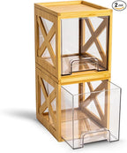Bamboo Snack & Pantry kitchen Organizer – 2 Pack Bamboo Stackable Storage Drawers – Pull Out Storage for Cookies, Spices, Coffee Pods & K Cups – Clear Acrylic Drawer for Countertop Use