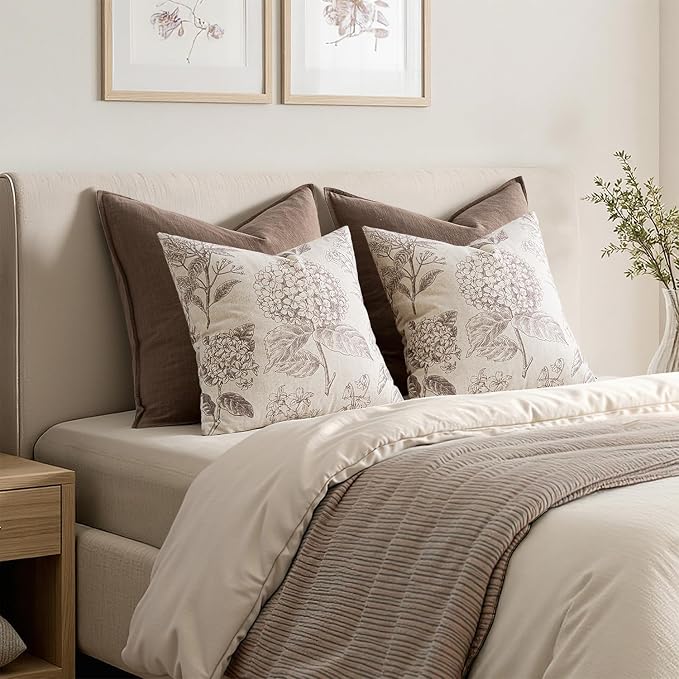 Set of 2 Decorative Floral Pillow Covers 20x20 Inch Light Camel | Neutral - Image 6