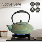 Cast Iron Teapot Set with 2 Tea Cups, 7 Pcs Japanese Tea Kettle with Stainless Steel Infuser, Tea Pot Coated with Enameled Interior, Dragonfly Pattern, 28oz 800ml Green