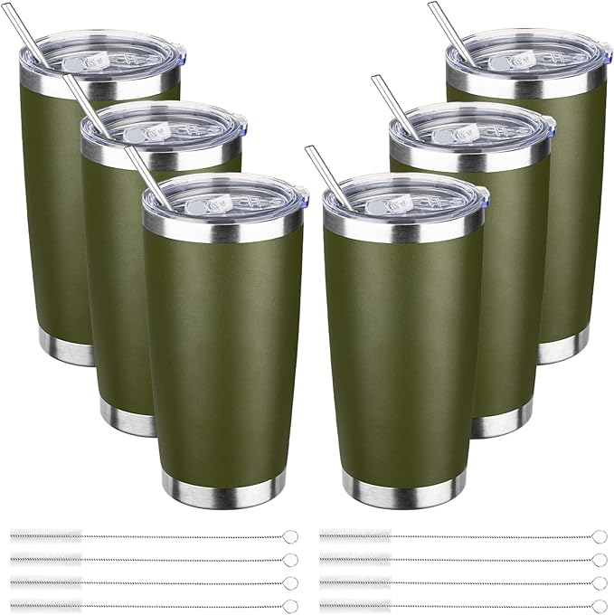 20oz Tumbler Bulk with Lid and Straw, Stainless Steel Double Wall Vacuum Insulated Travel Mug, Powder Coated Coffee Cups for Hot and Cold Drinks,Funny Gifts for Women Men(Navy Green,6)