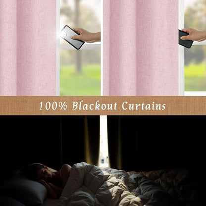 100% Blackout Pink Linen Curtains 63 Inches - Image 3