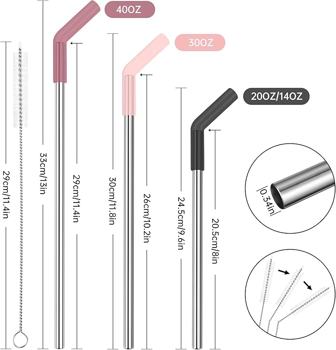 Tomorotec 6-Pack Stainless Steel Reusable Straw with Silicone Tip 3 Sizes, Metal Drinking Straws Fit for Stanley Quencher Tumblers 40oz, 30oz, 20oz, 14oz, Cleaning Brushes Included (Gradient)