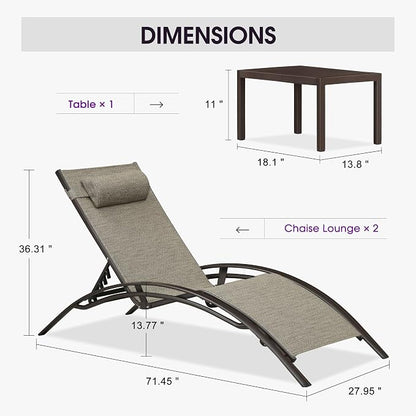PURPLE LEAF Outdoor Oversized Chaise Lounge Chair Set of 3 Patio Pool Lounger - Image 2