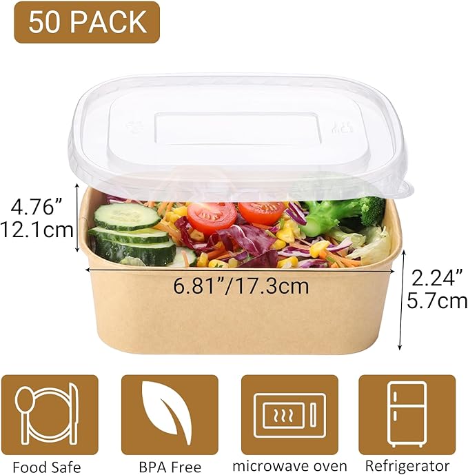 50 Sets 25oz Disposable Kraft Paper Bowls with Lids, Rectangle Paper Food Containers with Lids, Salad Bowls for Hot/Cold Food, Soup, Meal Prep, Ice Cream, Takeout, Party Supplies(750ml)