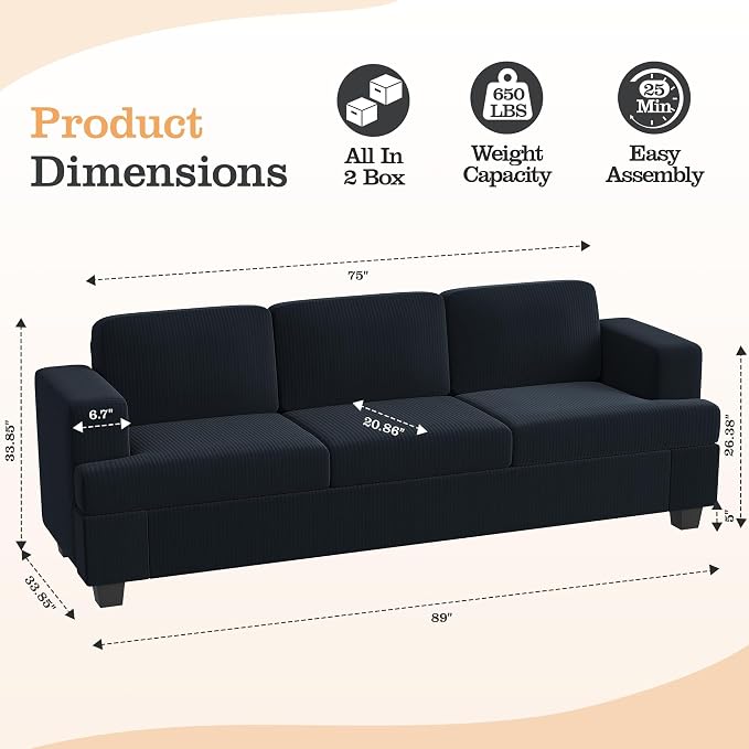 Apicizon Modern Loveseat & 3-Seater Sofa Set of 3, Corduroy Couch 3 Piece Sofa - Image 2